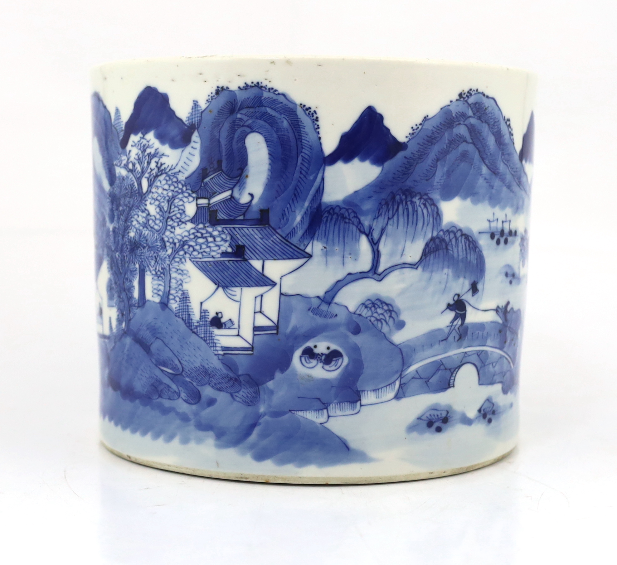 A Chinese blue and white ‘landscape’ cylindrical brushpot, bitong, 19th century